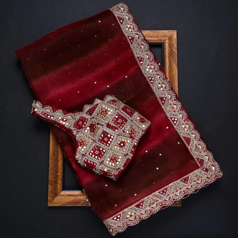 Red Color Organza Saree with Dori, Foil and Thread work ClothsVilla Main image