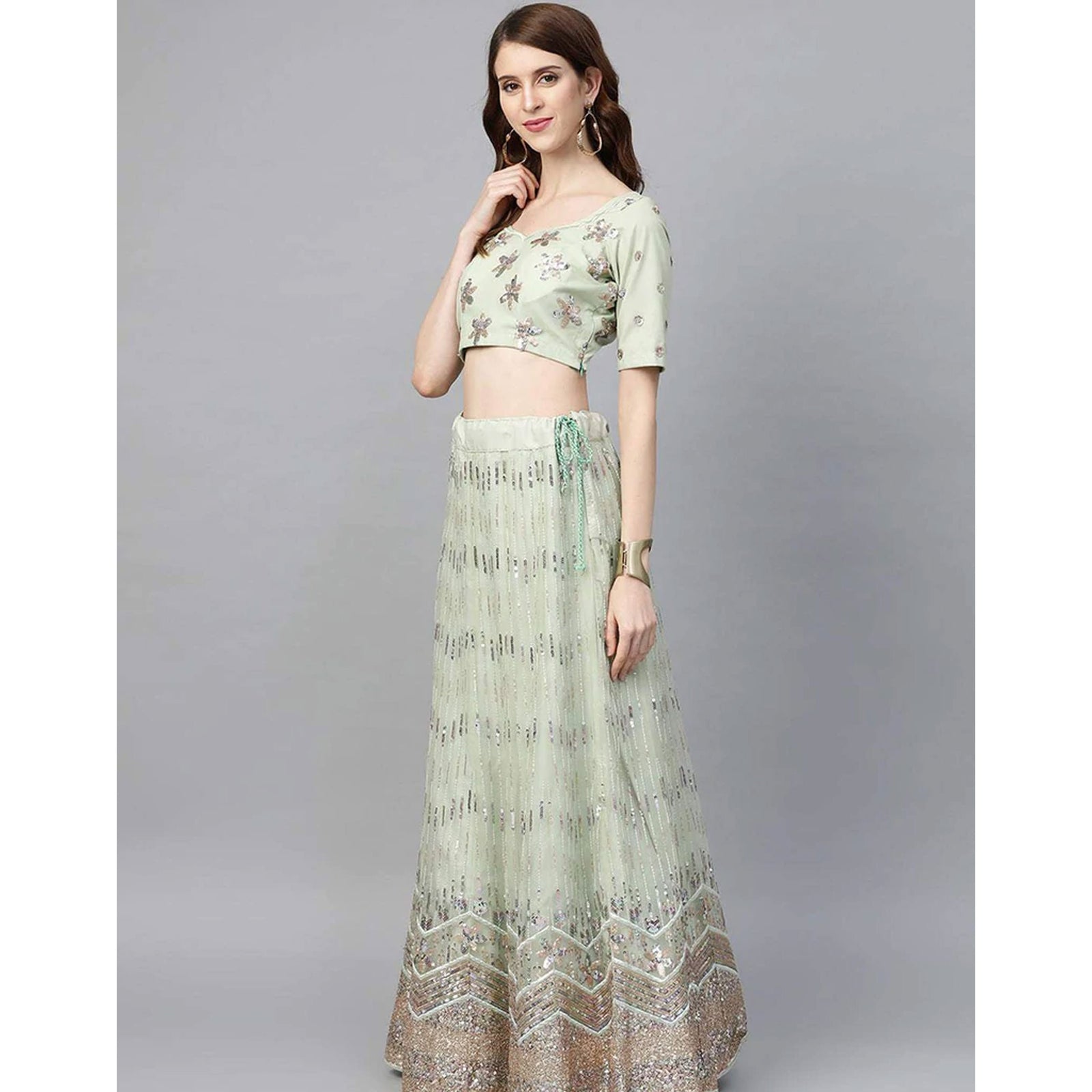 Light Green Net Lehenga with Heavy Embroidery, Zari, Thread work ClothsVilla