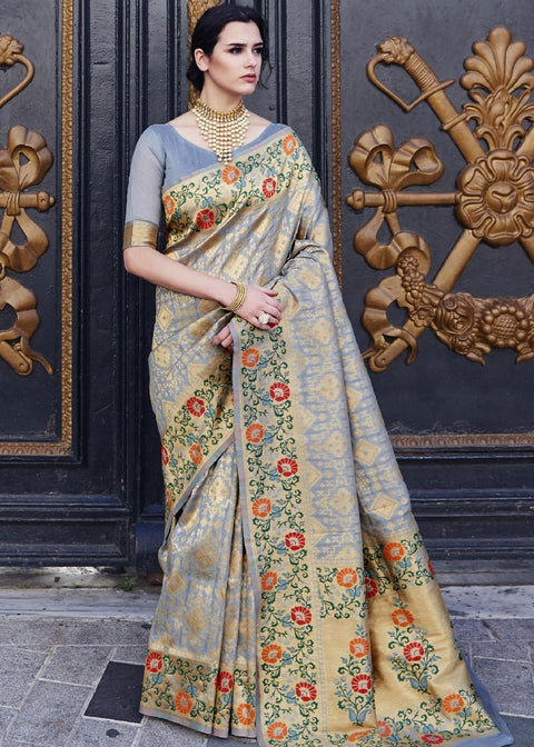 Flint Gray and Golden Blend Silk Saree with Floral Woven Border and Pallu Clothsvilla Main image