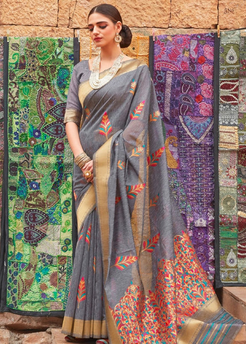 Seal Grey Linen Silk Saree with Colorful Weaving work Clothsvilla Main image