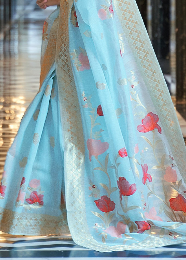 Maya Blue Zari Woven Linen Silk Saree Clothsvilla