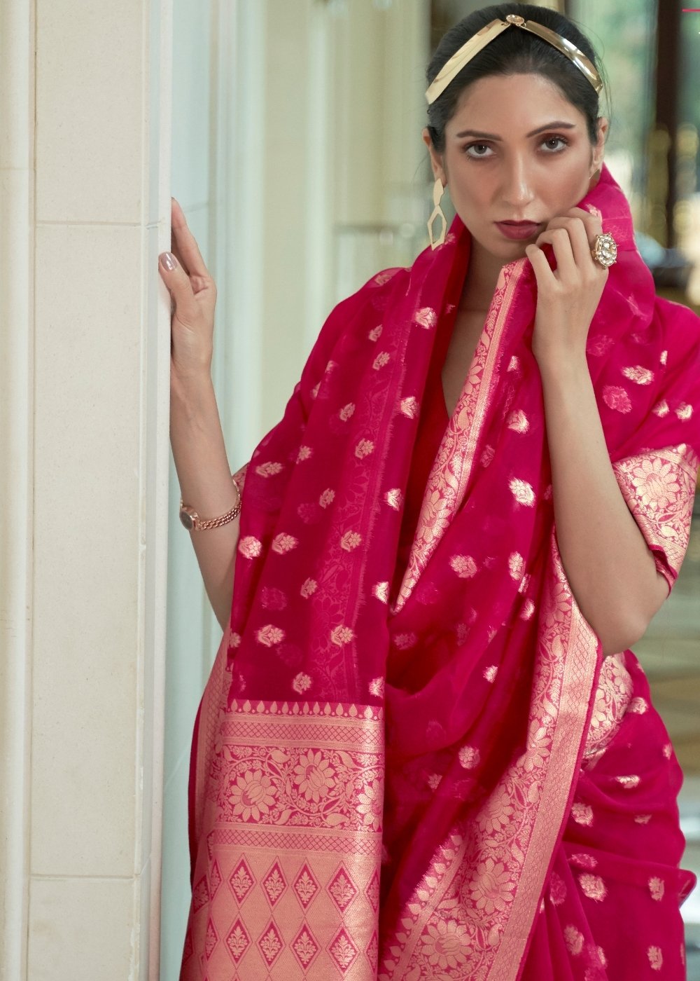 Ruby Pink Zari Woven Organza Silk Saree Secondary image