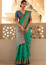 Load image into Gallery viewer, Jade Green Woven Soft Banarasi Silk Saree with Contrast Pallu &amp; Blouse Clothsvilla