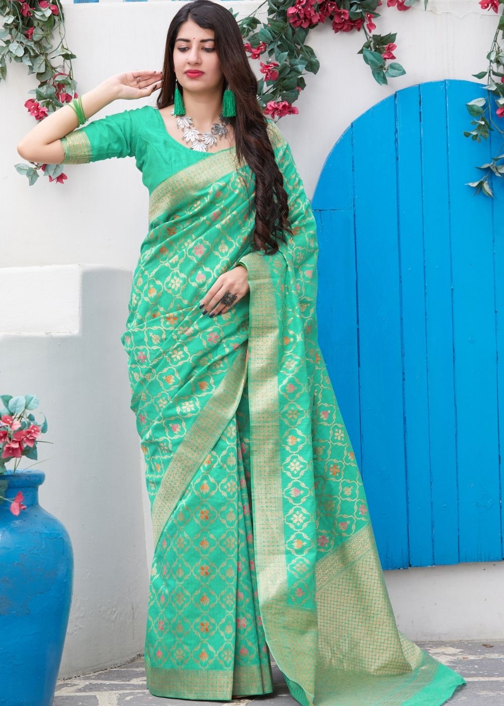 Sea Green Banarasi Cotton Silk Saree Clothsvilla