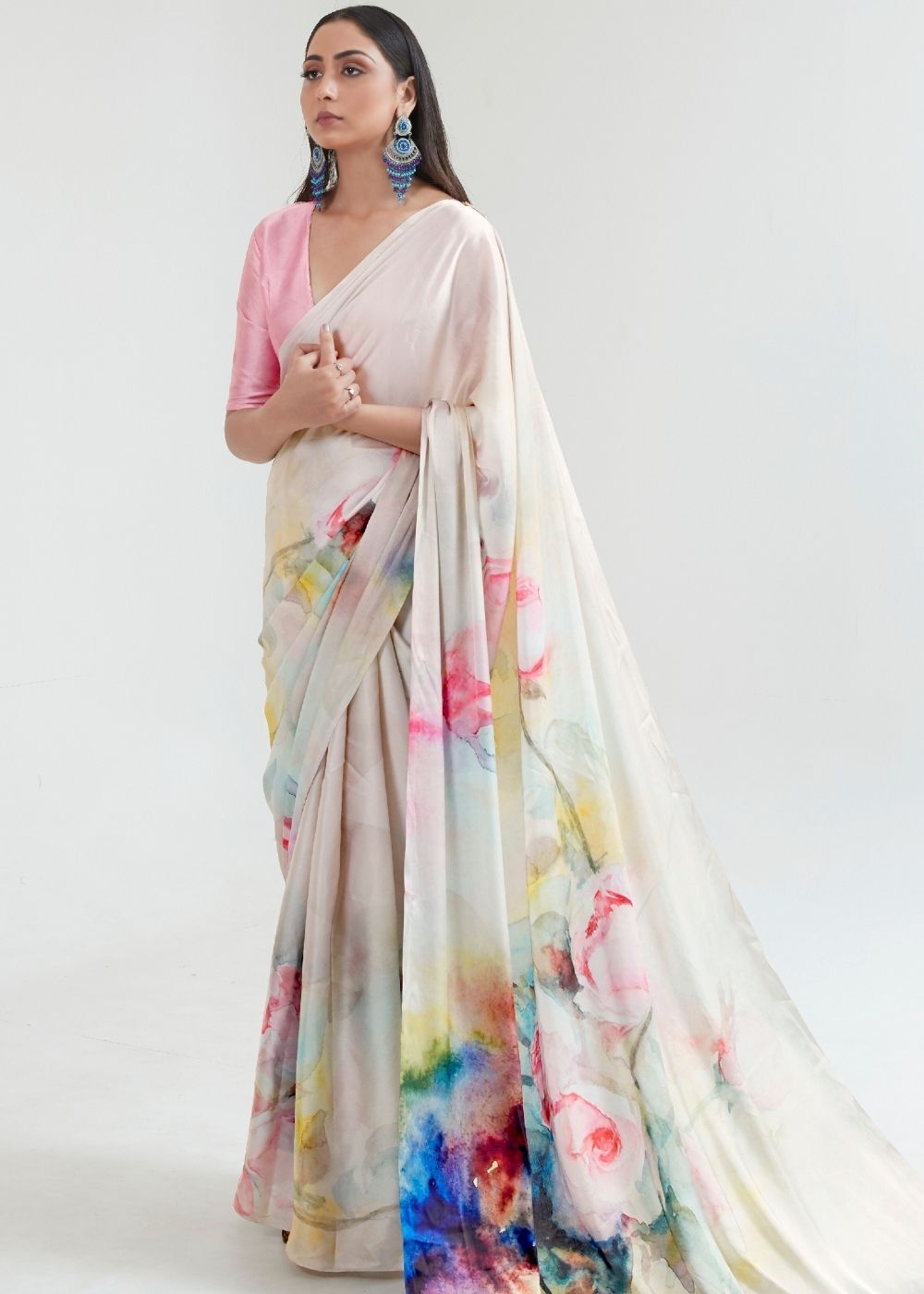 Ivory White Satin Silk Digital Printed Saree Clothsvilla Main image