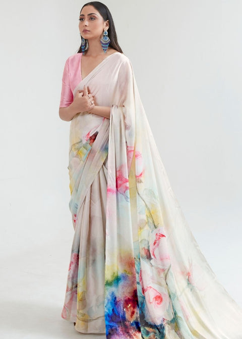 Ivory White Satin Silk Digital Printed Saree Clothsvilla Main image