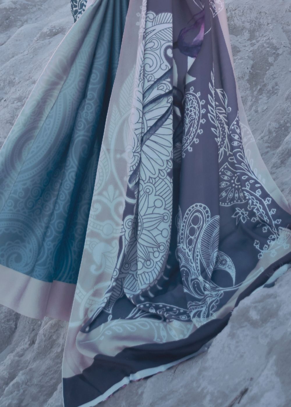 Cerulean Blue and Violet Digital Printed Crepe Silk Saree Clothsvilla