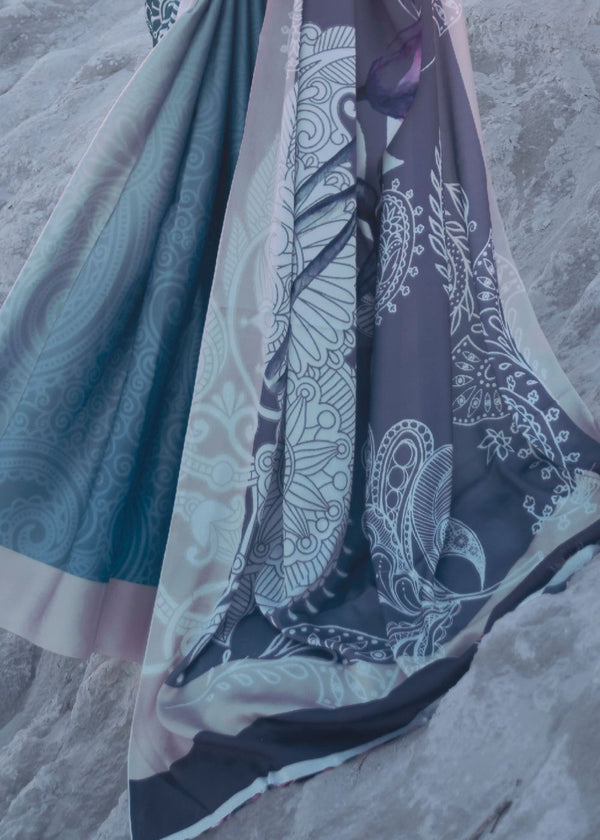 Cerulean Blue and Violet Digital Printed Crepe Silk Saree Clothsvilla