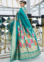 Load image into Gallery viewer, Ocean Blue Zari Woven Floral Art Silk Saree Clothsvilla