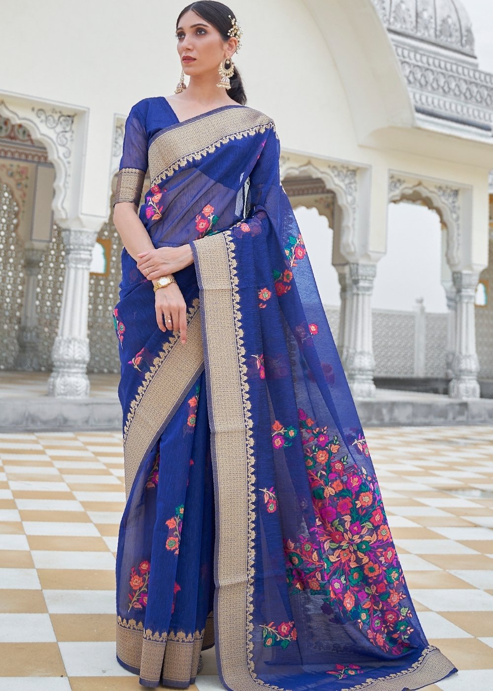 Lapis Blue Floral Embroidered Linen Silk Saree Clothsvilla Main image