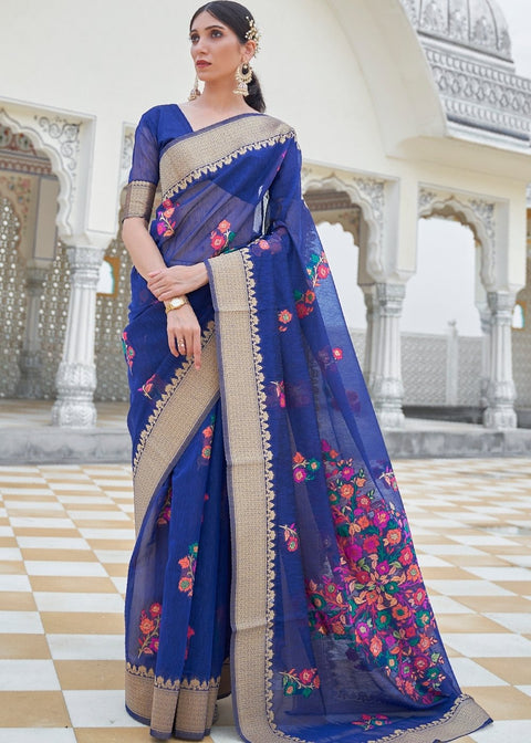 Lapis Blue Floral Embroidered Linen Silk Saree Clothsvilla Main image