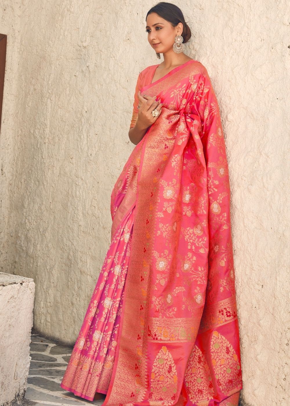 French Rose Pink Zari Woven Banarasi Silk Saree Clothsvilla Main image