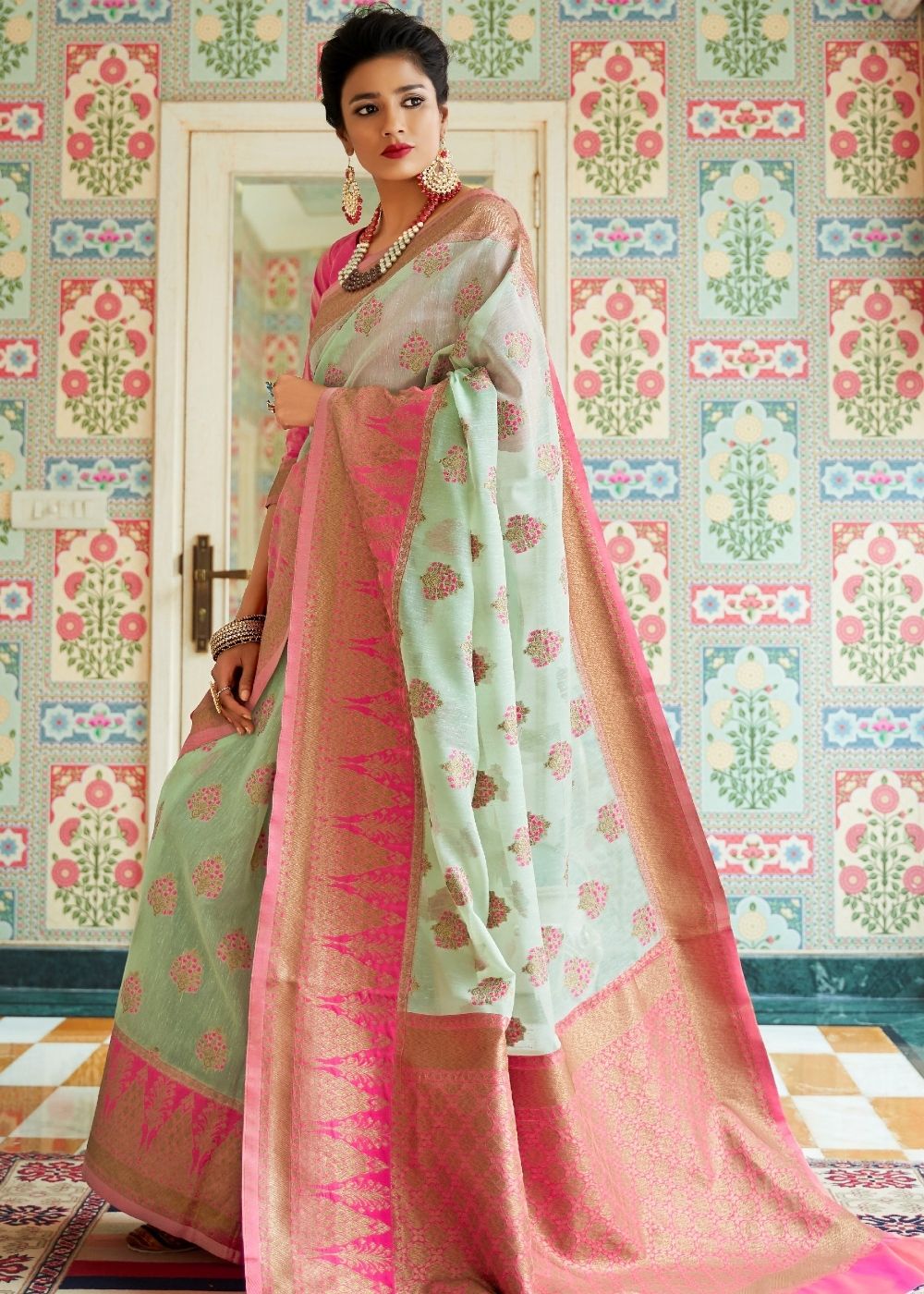 Mint Green Woven Linen Silk Saree with Butti overall Clothsvilla
