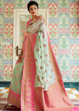 Mint Green Woven Linen Silk Saree with Butti overall Clothsvilla