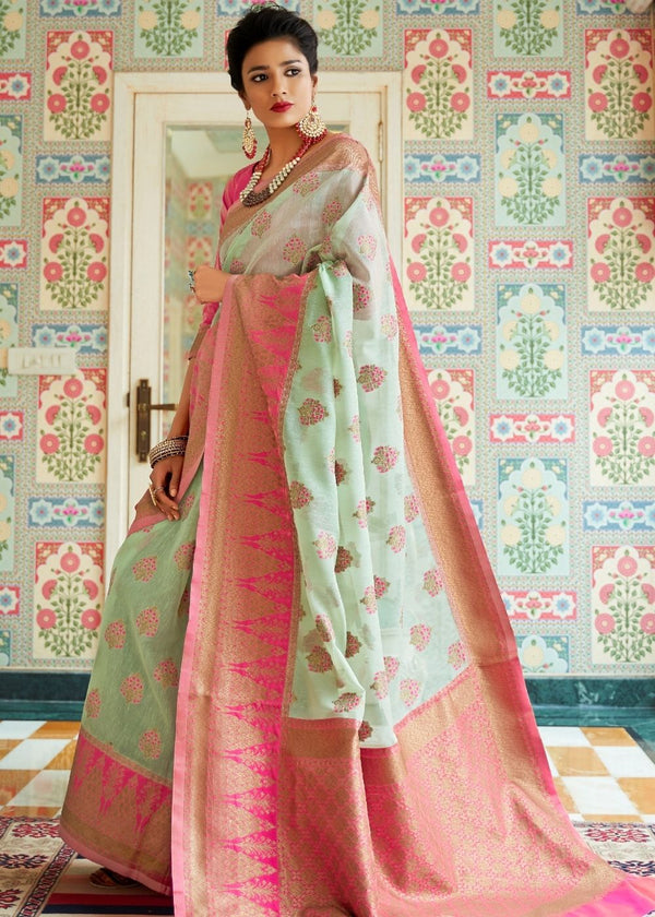 Mint Green Woven Linen Silk Saree with Butti overall Clothsvilla