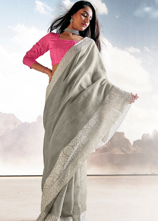 Pewter Grey Soft Linen Silk Saree with Lucknowi work and Sequence Blouse Clothsvilla