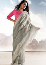 Load image into Gallery viewer, Pewter Grey Soft Linen Silk Saree with Lucknowi work and Sequence Blouse Clothsvilla