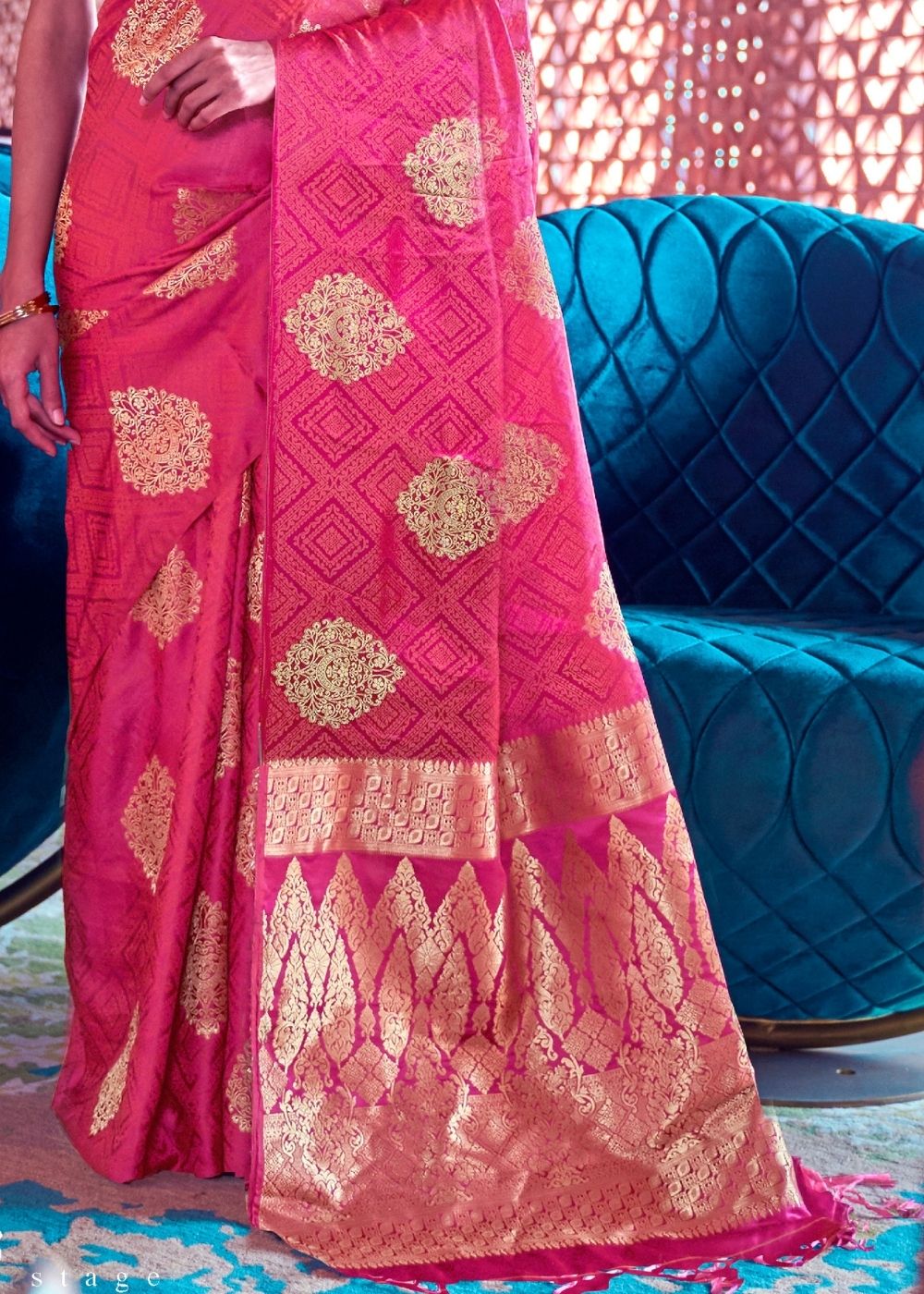 Hot Pink Satin Silk Saree with overall Golden Butti Clothsvilla