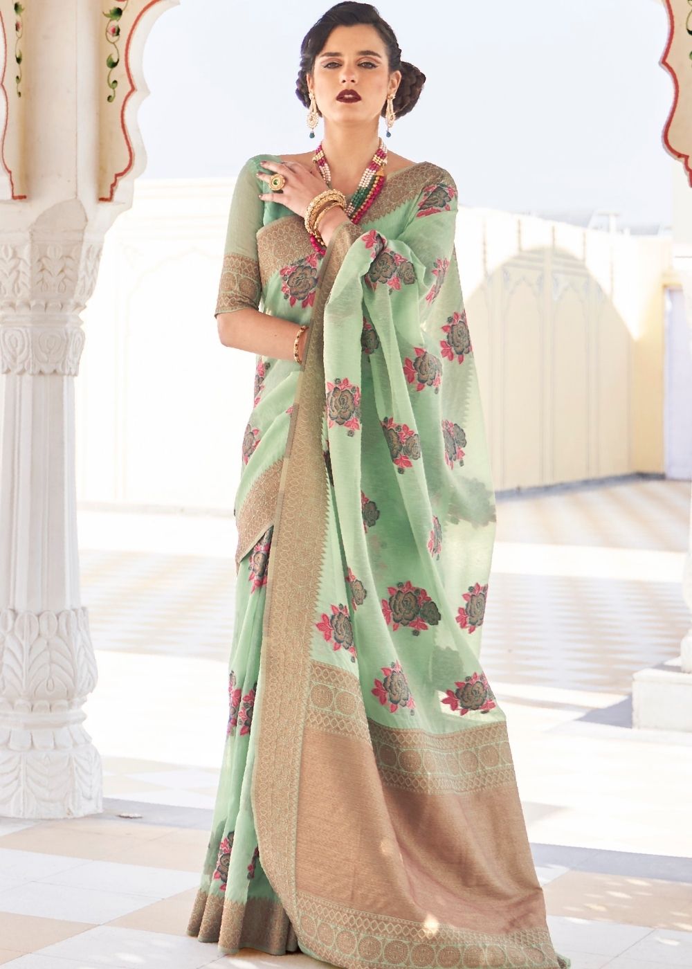 Pastel Green Linen Woven Silk Saree with Zari work on Border and Pallu Clothsvilla