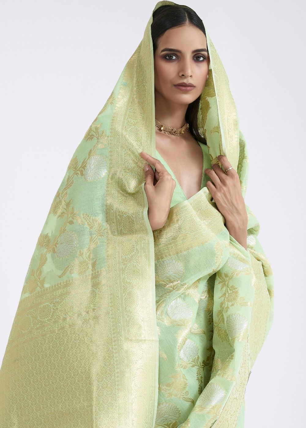 Mint Green Zari Woven Linen Silk Saree Clothsvilla