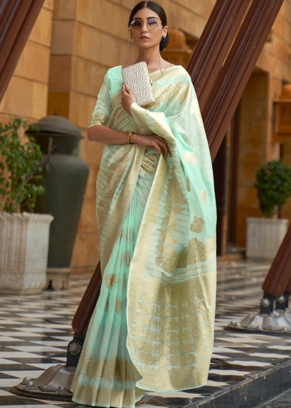 Mint Green Zari Woven Silk Saree with Sequins work Clothsvilla Main image