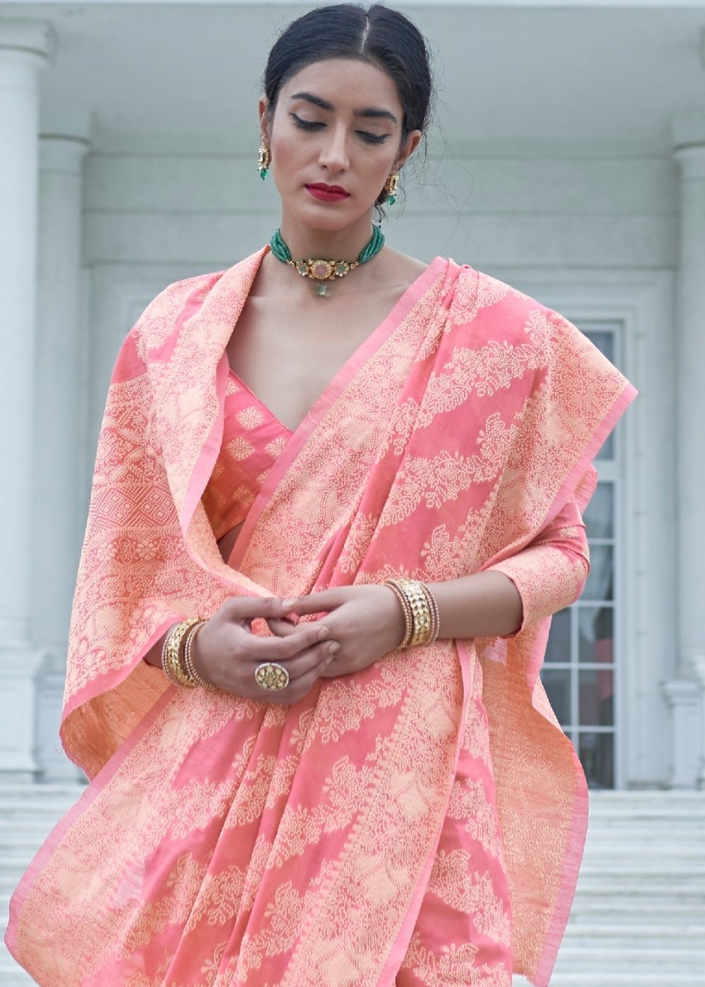 Taffy Pink Lucknowi Chikankari Weaving Silk Saree Secondary image