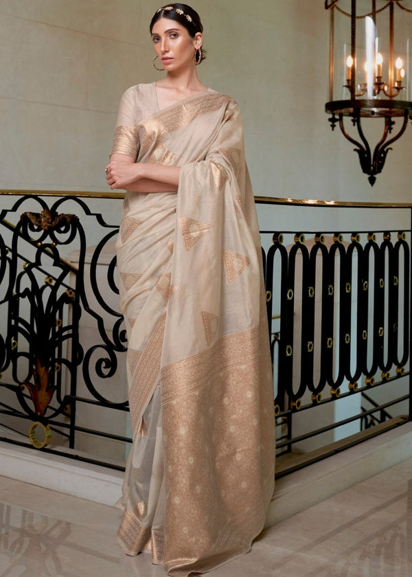 Wheat Brown Banarasi-Chanderi Fusion Woven Silk Saree Clothsvilla