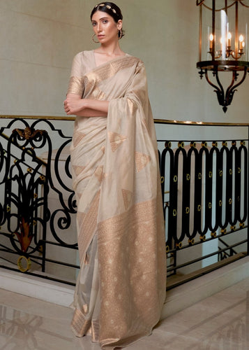 Wheat Brown Banarasi-Chanderi Fusion Woven Silk Saree Clothsvilla