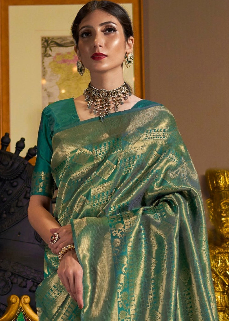 Dark Green and Golden Blend Kanjivaram Soft Woven Silk Saree Clothsvilla