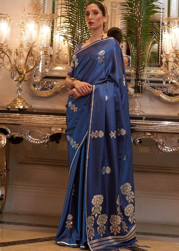 Midnight Blue Designer Satin Silk Saree Clothsvilla