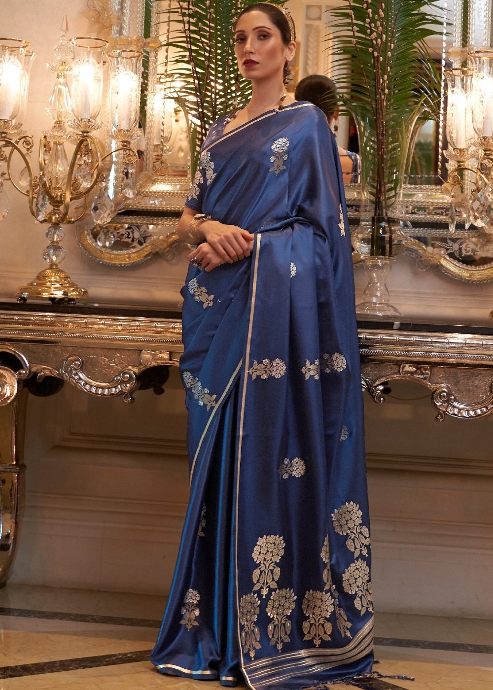 Devnaagri - Blue Embroidered Satin Saree