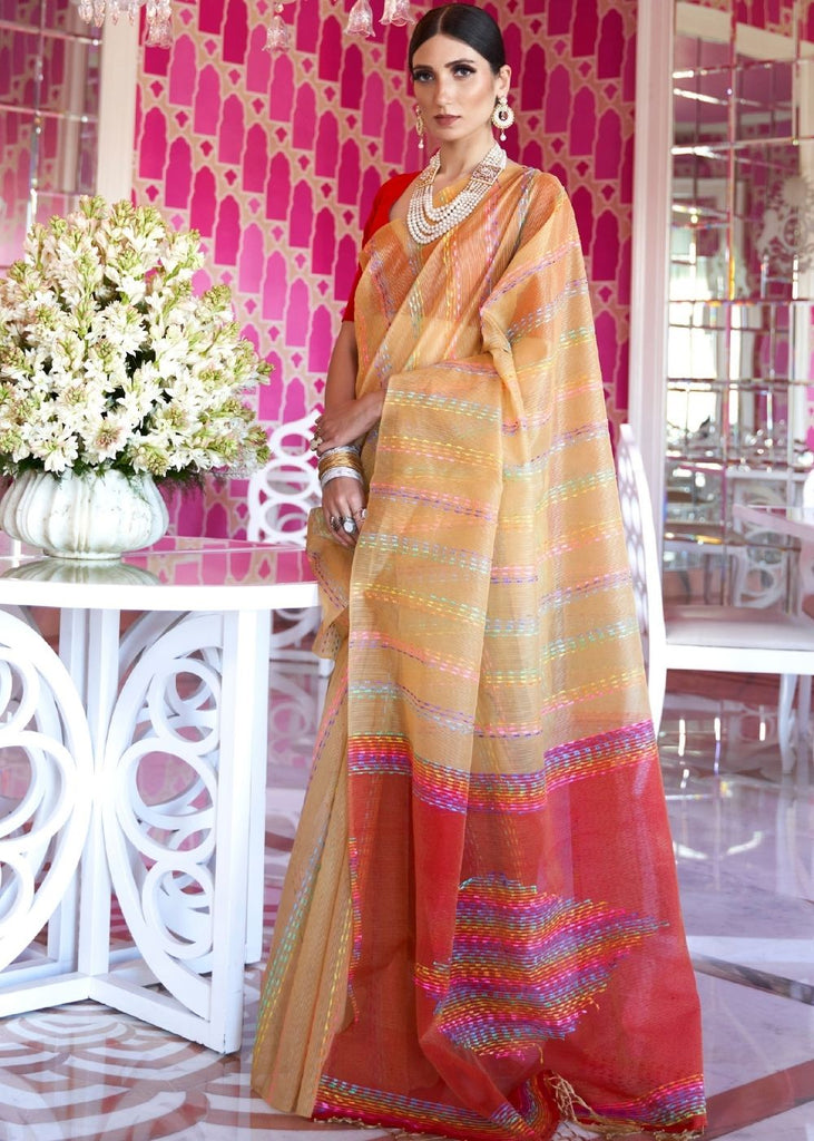 Fawn Silk Multithread Weaving Saree Clothsvilla