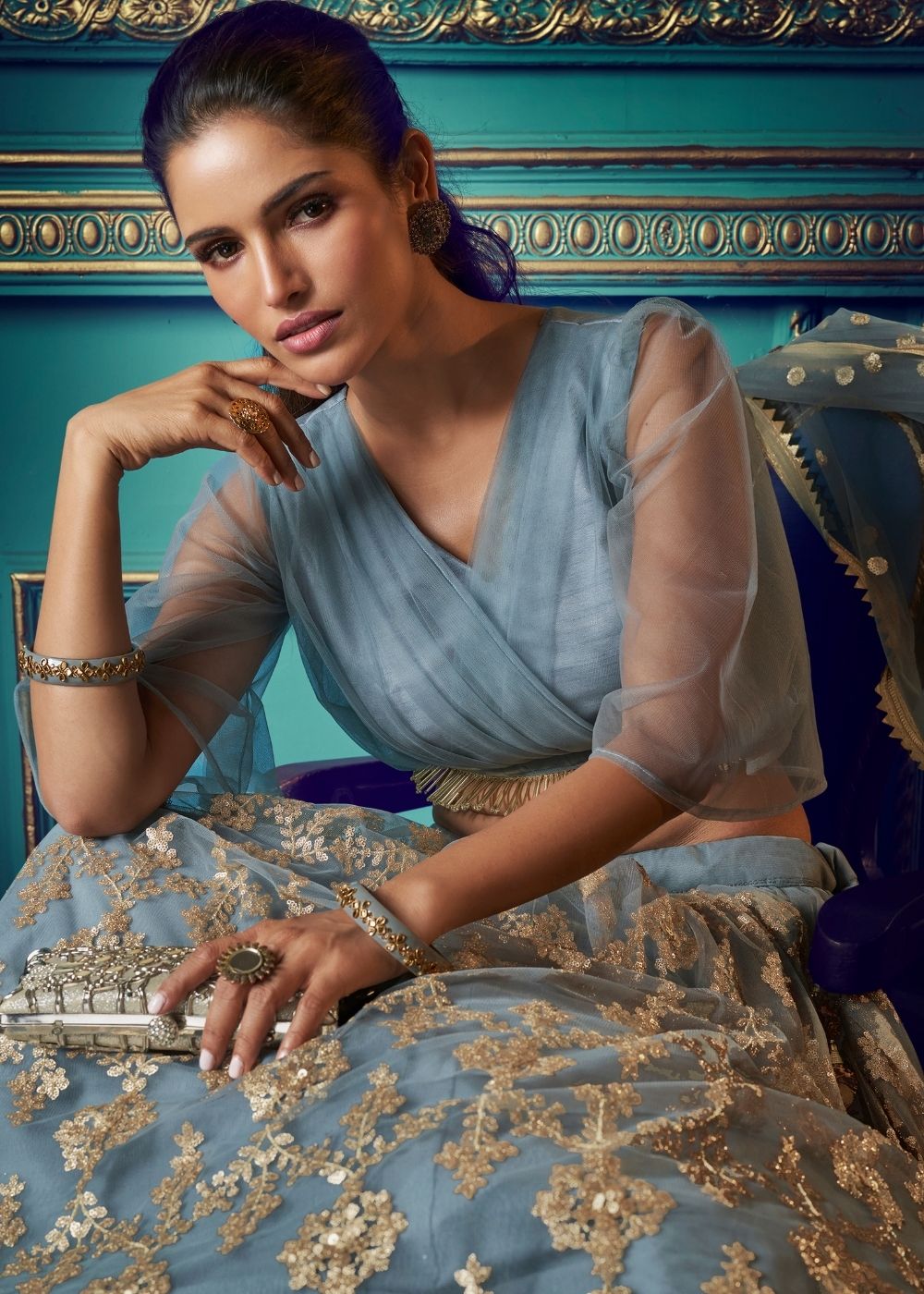 Pewter Grey Designer Soft Net Lehenga Choli with Sequin work and Ruffles Sleeves Clothsvilla