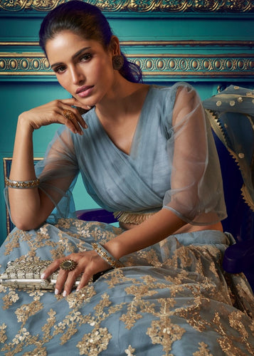 Pewter Grey Designer Soft Net Lehenga Choli with Sequin work and Ruffles Sleeves Clothsvilla