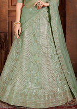 Load image into Gallery viewer, Pista Green Soft Net Lehenga Choli with Thread,Zari, Zarkan &amp; Pearl work Clothsvilla