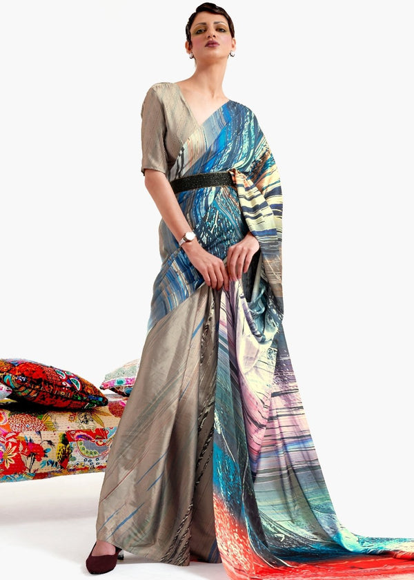 Camel Brown Digital Printed Satin Crepe Saree Clothsvilla