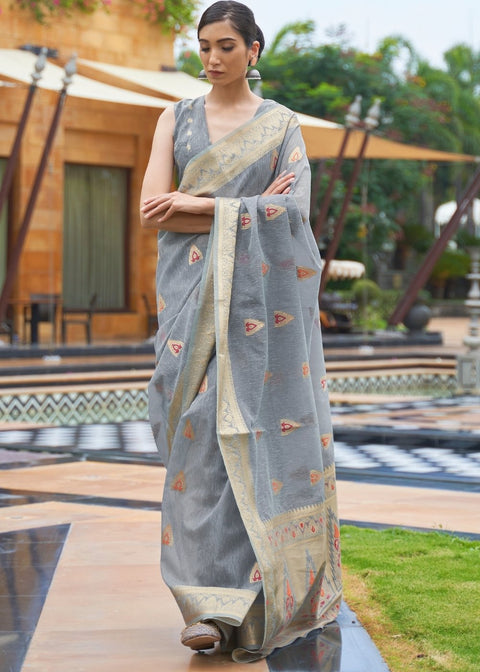Slate Grey Woven Linen Silk Saree Clothsvilla Main image