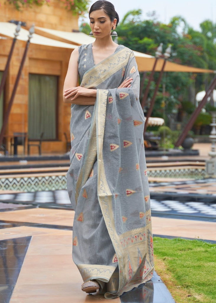 Slate Grey Woven Linen Silk Saree Clothsvilla