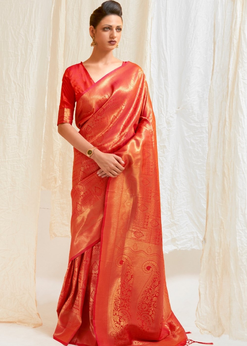 Scarlet Red & Golden Blend Kanjivaram Silk Saree Clothsvilla Main image