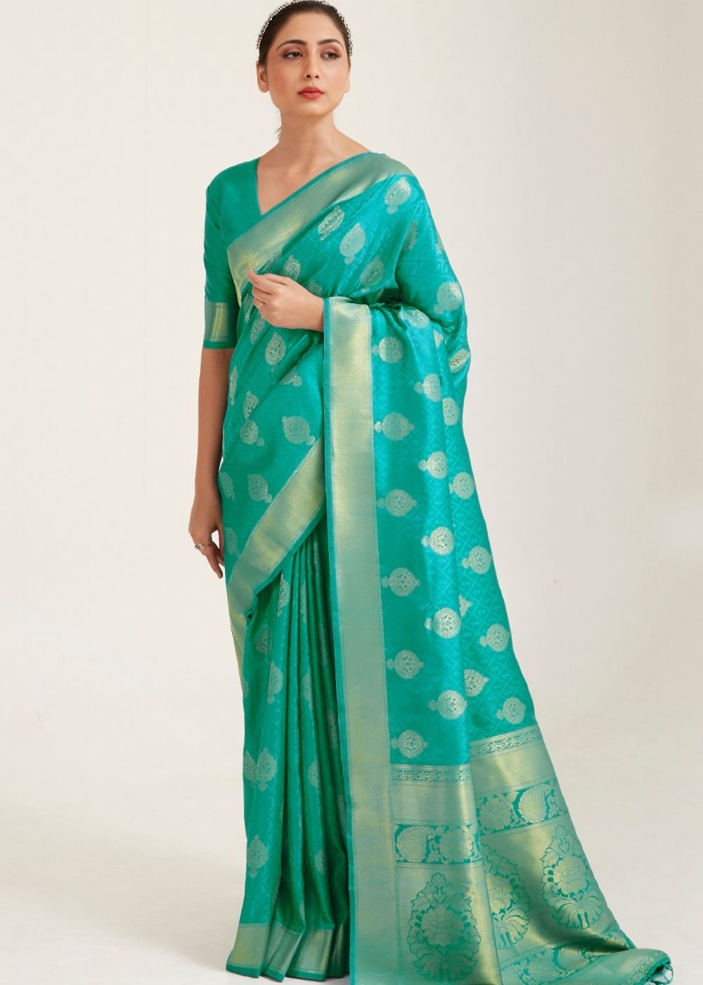 Turquoise Green Zari Butta Woven Banasari Silk Saree Clothsvilla Main image