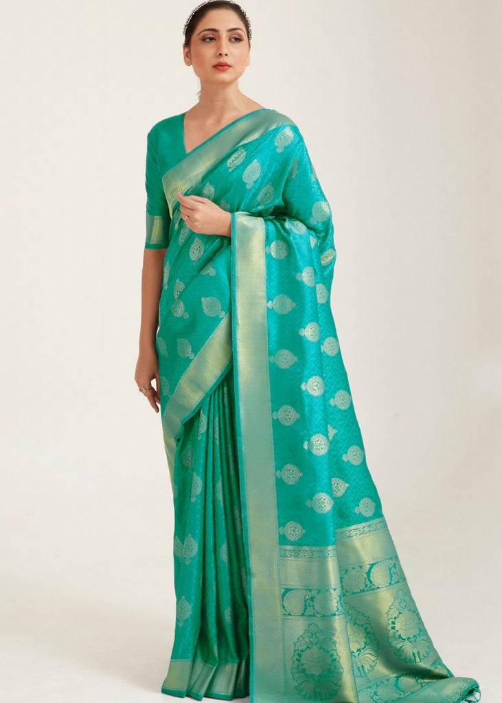 Turquoise Green Zari Butta Woven Banasari Silk Saree Clothsvilla