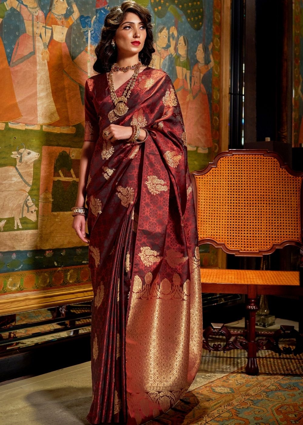 Mahogany Red Satin Woven Silk Saree with overall Golden Buti Clothsvilla