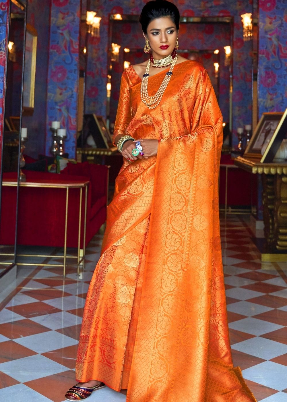 Apricot Orange and Golden Blend Woven Kanjivaram Soft Silk Saree Clothsvilla Main image