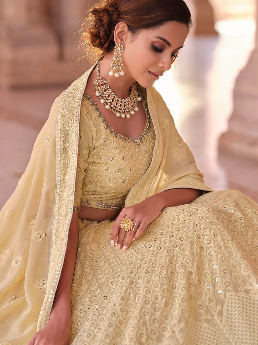 Off White Embroidered Designer Lehenga Choli Clothsvilla