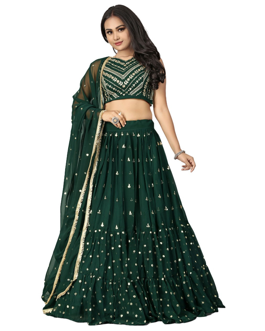 Bottle Green Designer Ruffle Lehenga Choli with Embroidery Work ClothsVilla