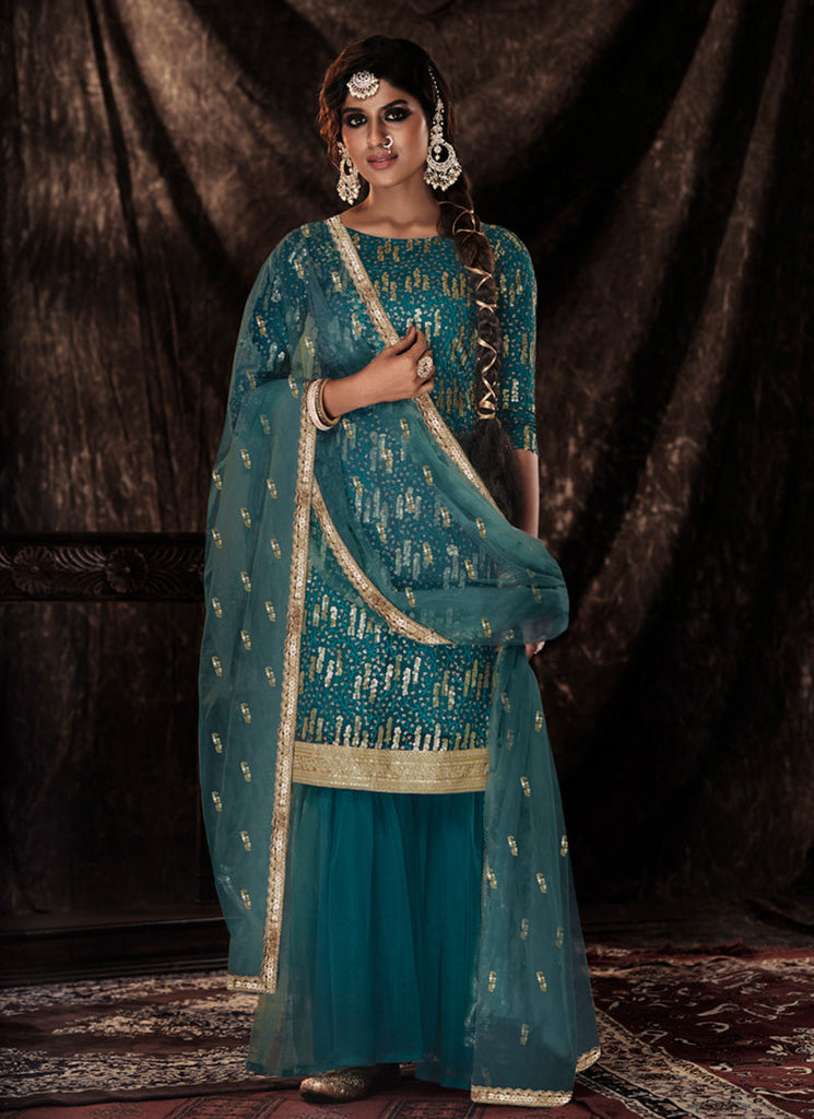Turquoise Color Elbow Sleeves Fully Sequins Work Sharara Suit Clothsvilla