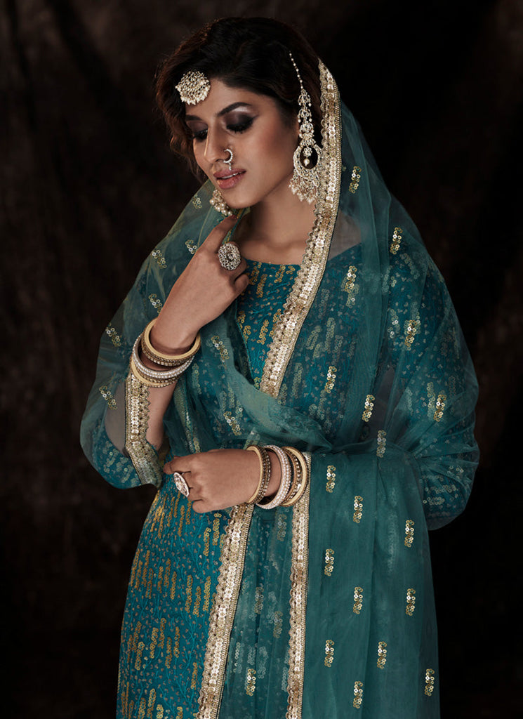 Turquoise Color Elbow Sleeves Fully Sequins Work Sharara Suit Clothsvilla
