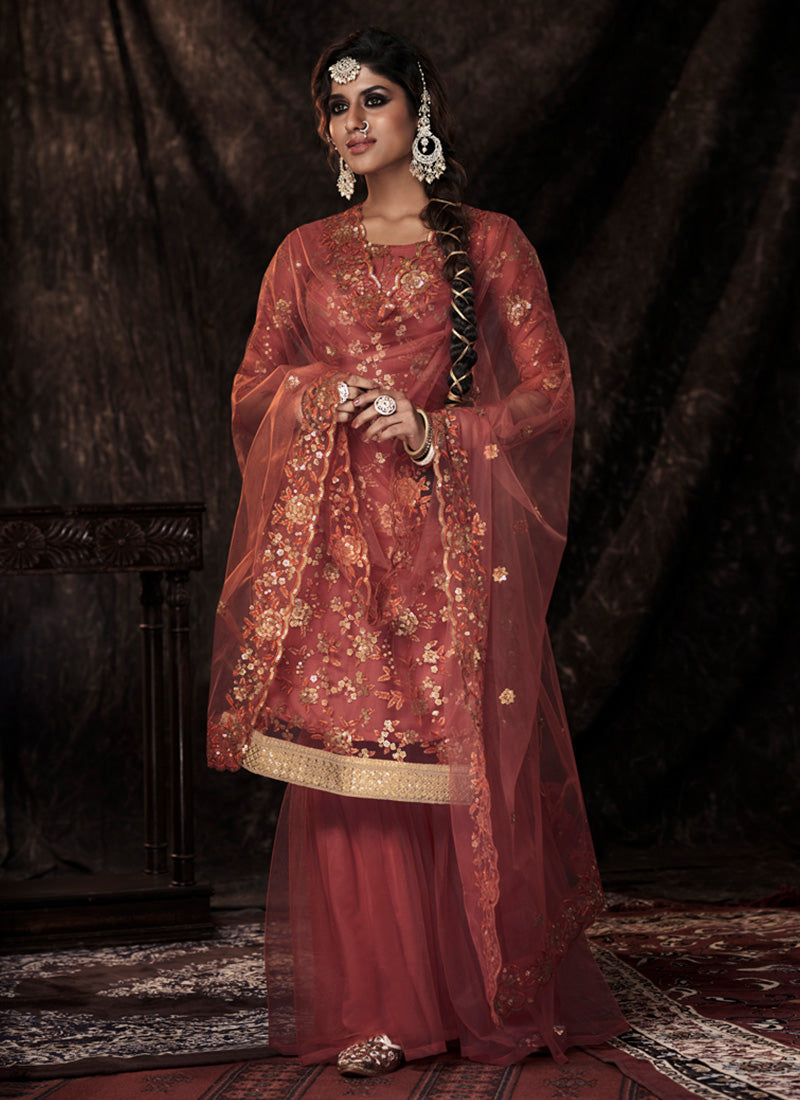 Dark Orange Color Elbow Sleeves Fully Sequins Work Sharara Suit Clothsvilla Main image