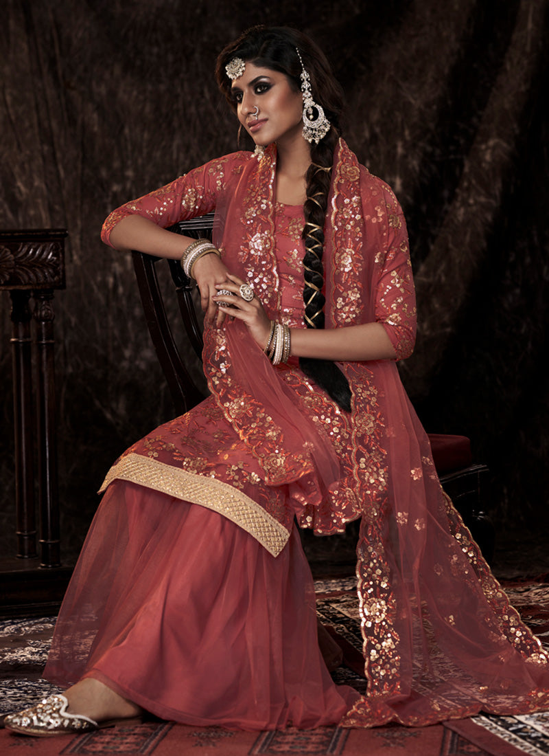 Dark Orange Color Elbow Sleeves Fully Sequins Work Sharara Suit Clothsvilla