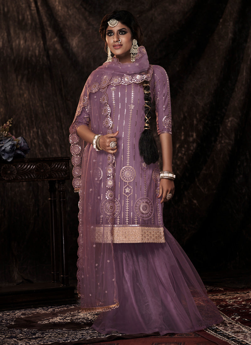 Onion Pink Color Elbow Sleeves Fully Sequins Work Sharara Suit Clothsvilla Main image